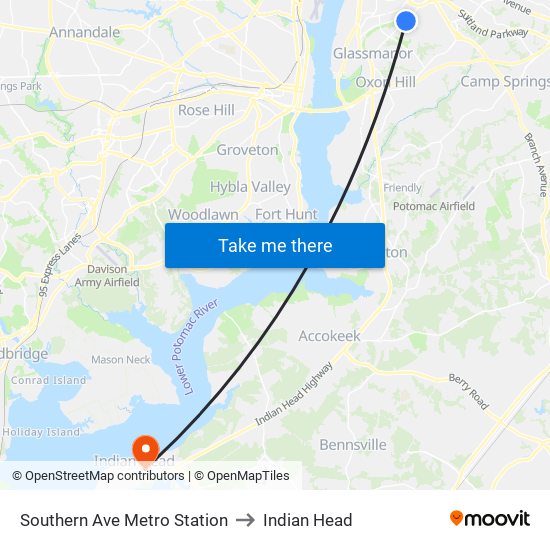 Southern Ave Metro Station to Indian Head map