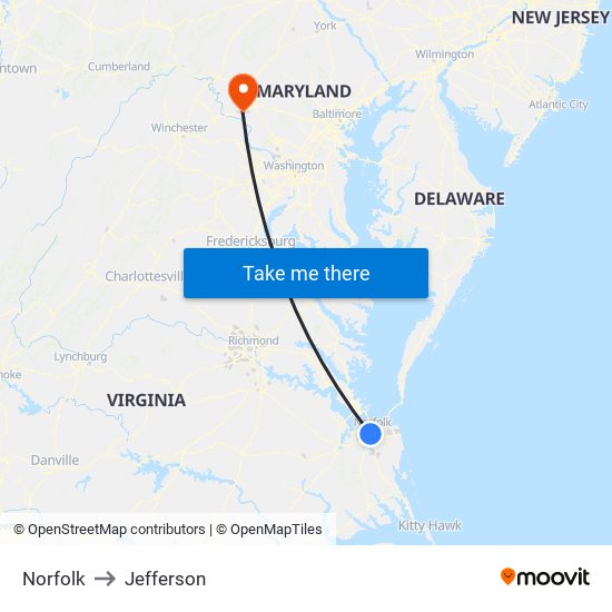 Norfolk to Jefferson map