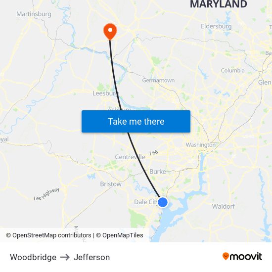 Woodbridge to Jefferson map