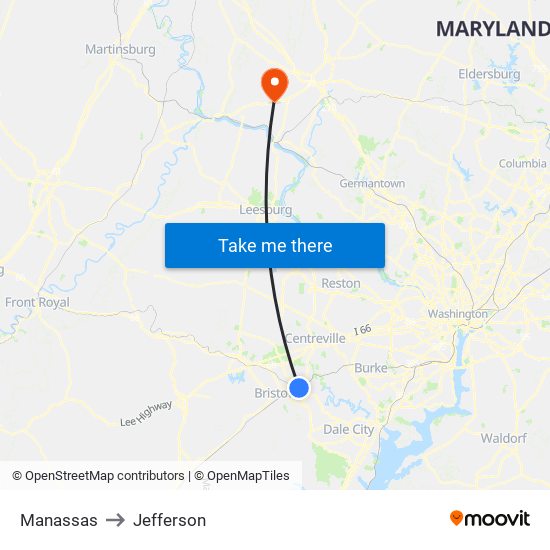 Manassas to Jefferson map