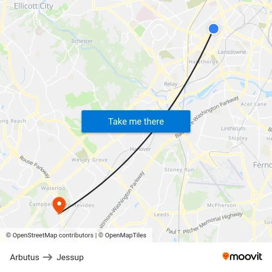 Arbutus to Jessup map