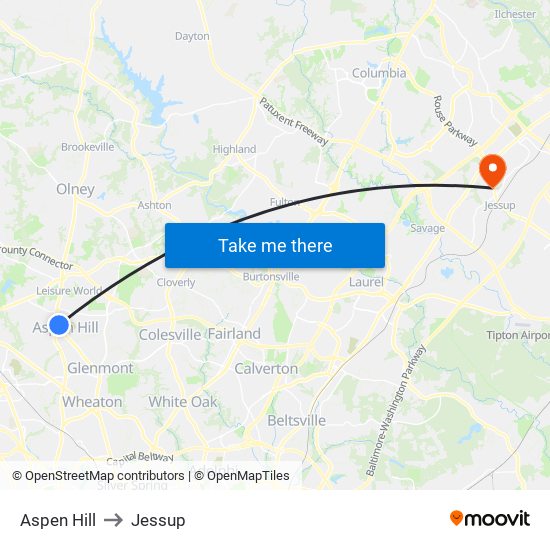 Aspen Hill to Jessup map