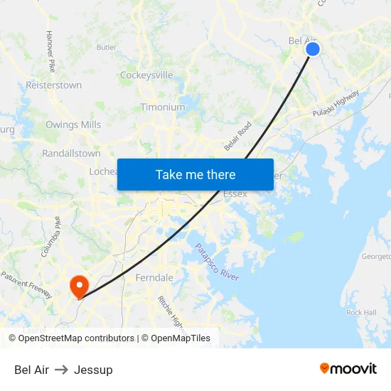 Bel Air to Jessup map