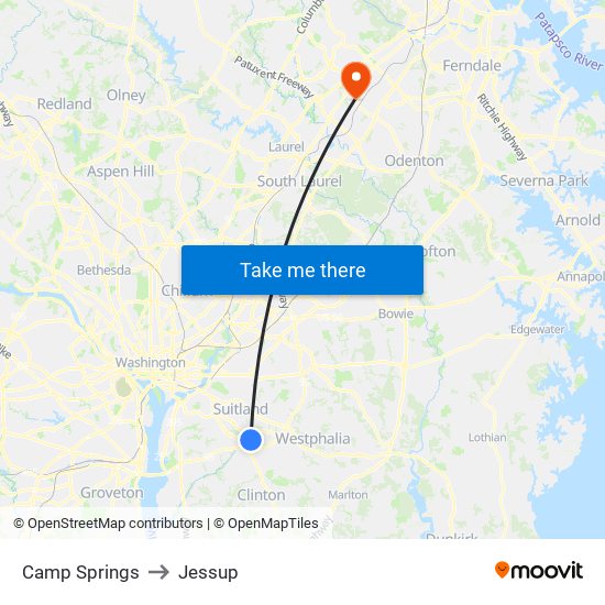 Camp Springs to Jessup map