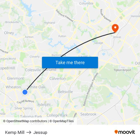 Kemp Mill to Jessup map