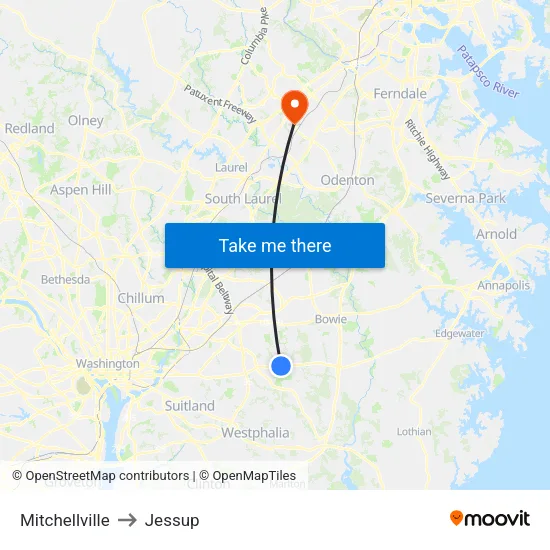 Mitchellville to Jessup map