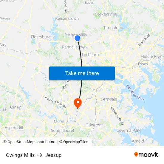 Owings Mills to Jessup map