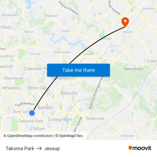 Takoma Park to Jessup map