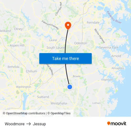 Woodmore to Jessup map