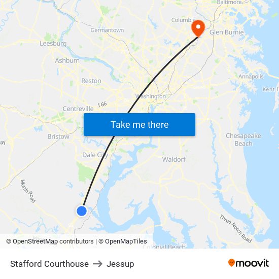 Stafford Courthouse to Jessup map