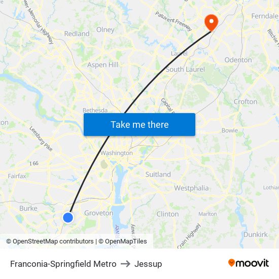 Franconia-Springfield Metro to Jessup map