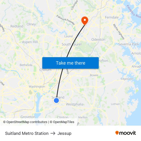 Suitland Metro Station to Jessup map