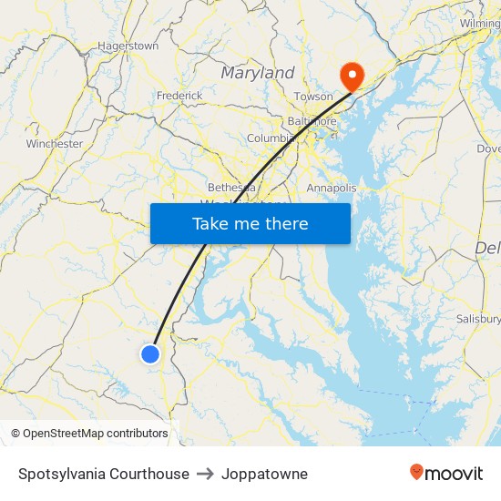 Spotsylvania Courthouse to Joppatowne map