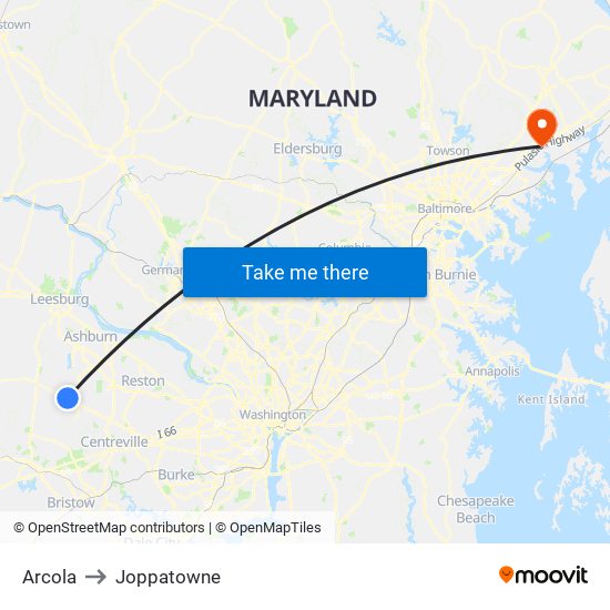 Arcola to Joppatowne map