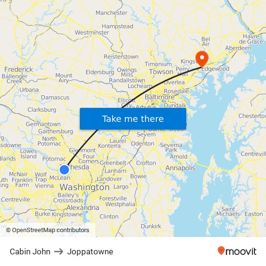 Cabin John to Joppatowne map