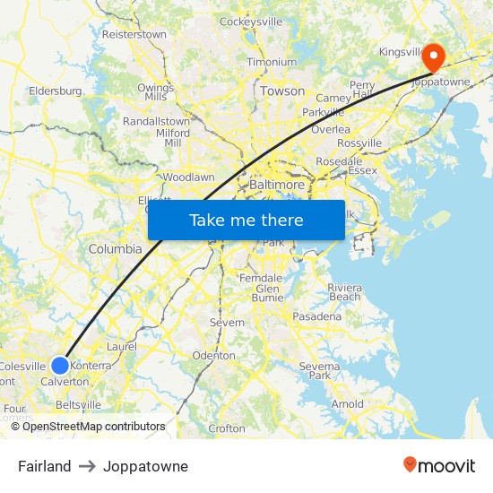 Fairland to Joppatowne map