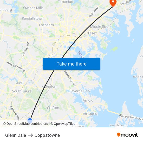 Glenn Dale to Joppatowne map