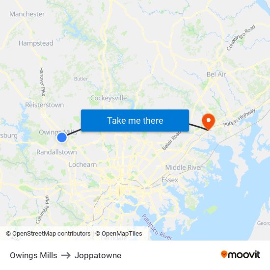 Owings Mills to Joppatowne map