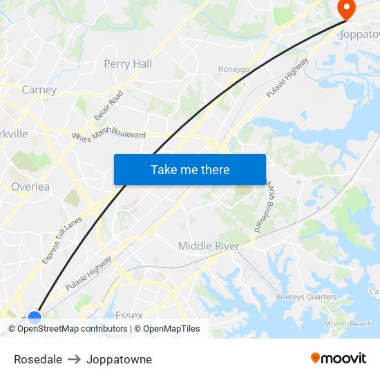 Rosedale to Joppatowne map