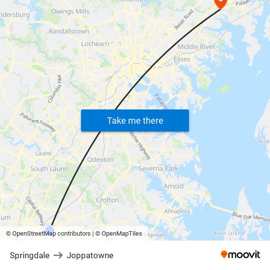 Springdale to Joppatowne map