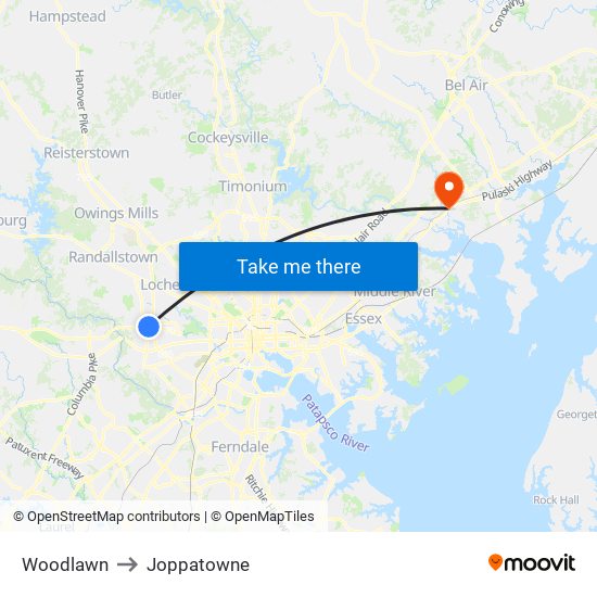 Woodlawn to Joppatowne map