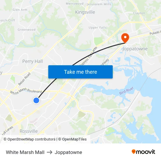 White Marsh Mall to Joppatowne map