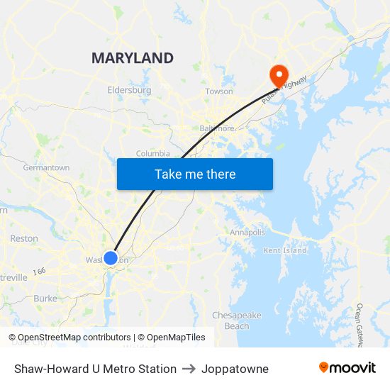 Shaw-Howard U Metro Station to Joppatowne map