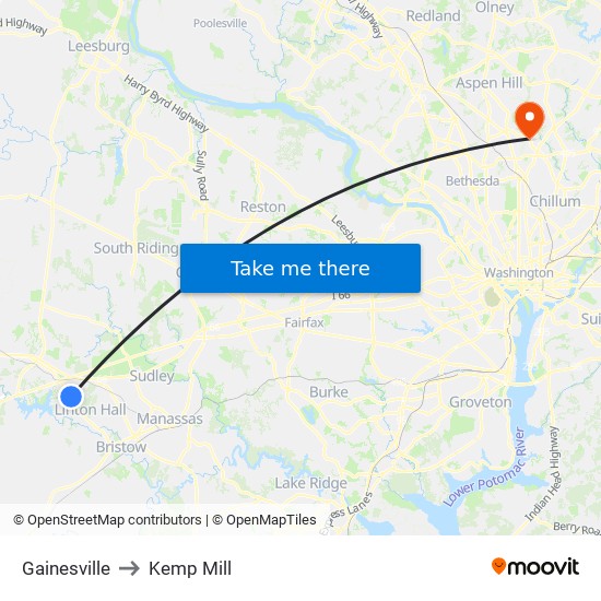 Gainesville to Kemp Mill map