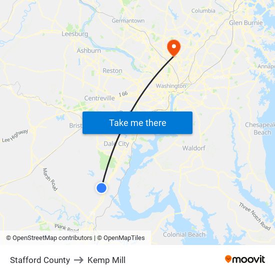 Stafford County to Kemp Mill map