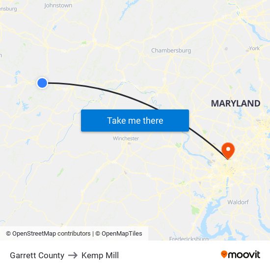 Garrett County to Kemp Mill map