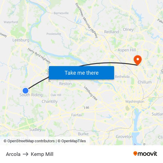 Arcola to Kemp Mill map