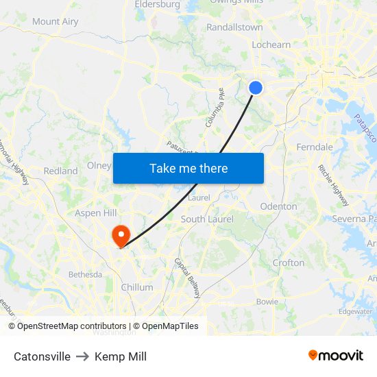 Catonsville to Kemp Mill map