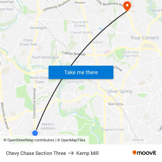 Chevy Chase Section Three to Kemp Mill map