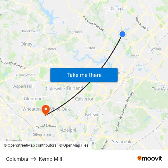 Columbia to Kemp Mill map