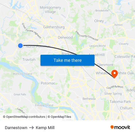 Darnestown to Kemp Mill map