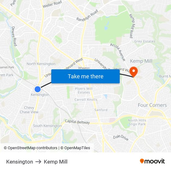 Kensington to Kemp Mill map