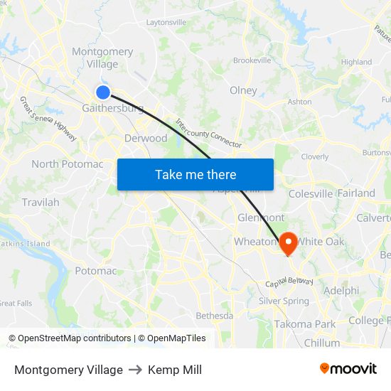 Montgomery Village to Kemp Mill map