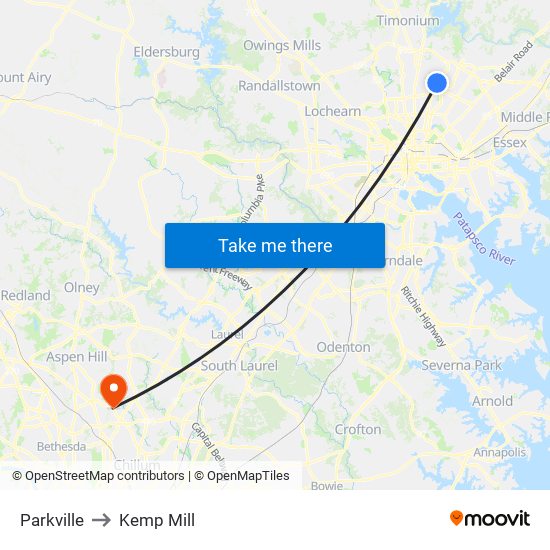 Parkville to Kemp Mill map