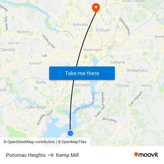 Potomac Heights to Kemp Mill map
