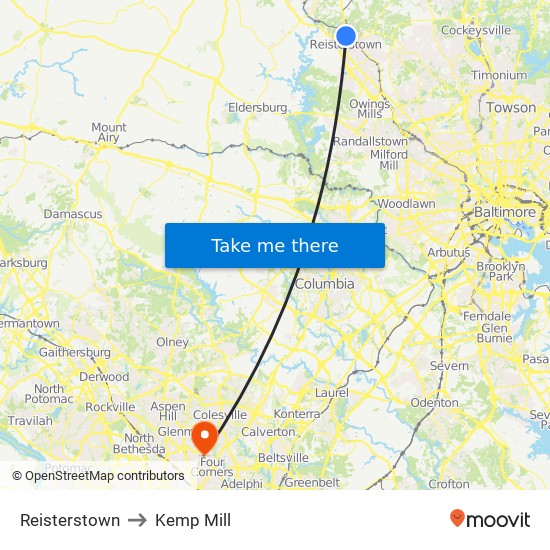 Reisterstown to Kemp Mill map