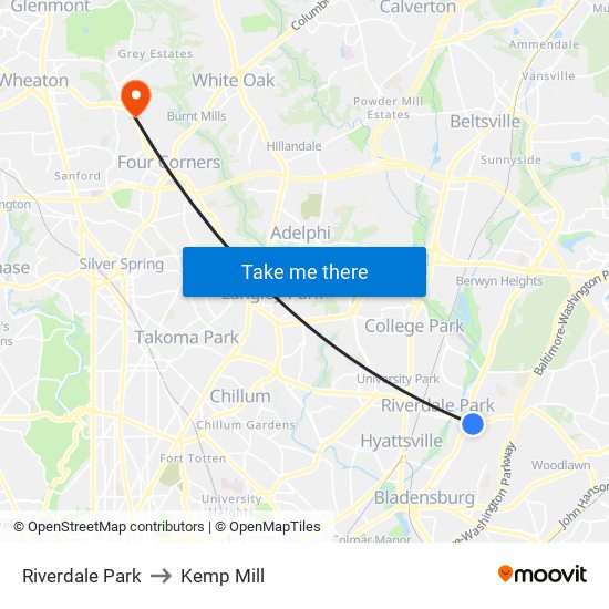 Riverdale Park to Kemp Mill map