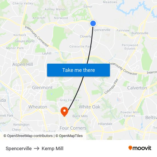 Spencerville to Kemp Mill map