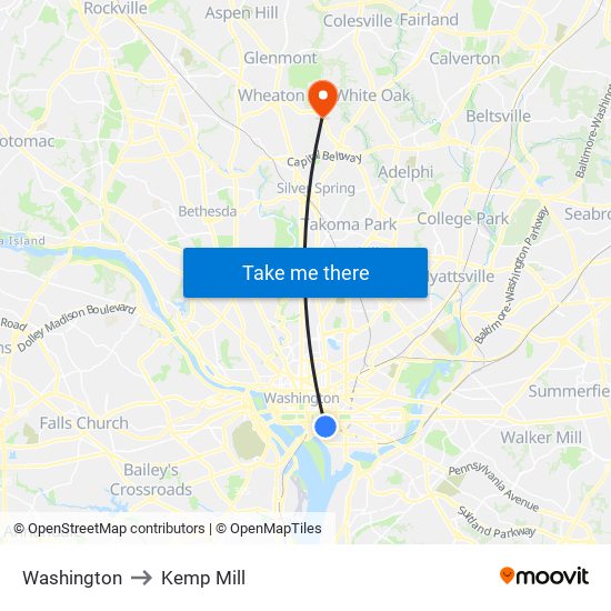 Washington to Kemp Mill map