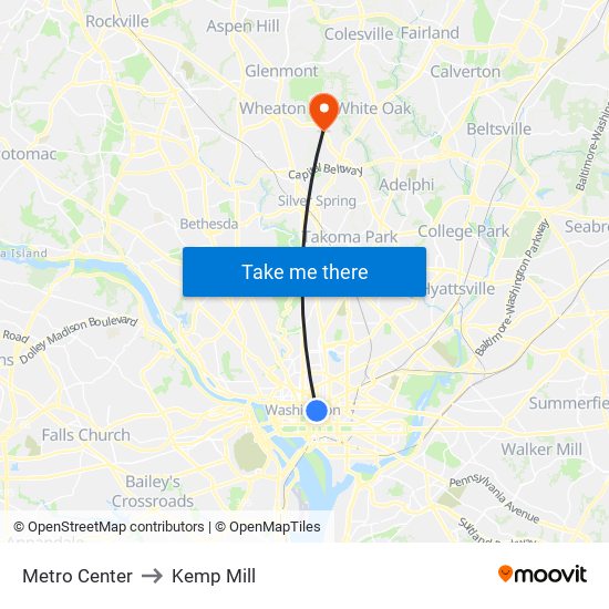 Metro Center to Kemp Mill map