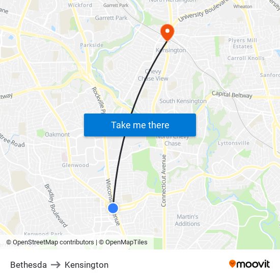 Bethesda to Kensington map