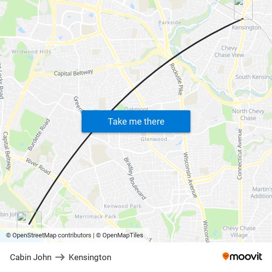 Cabin John to Kensington map