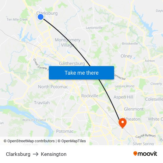 Clarksburg to Kensington map