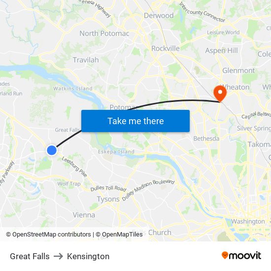 Great Falls to Kensington map