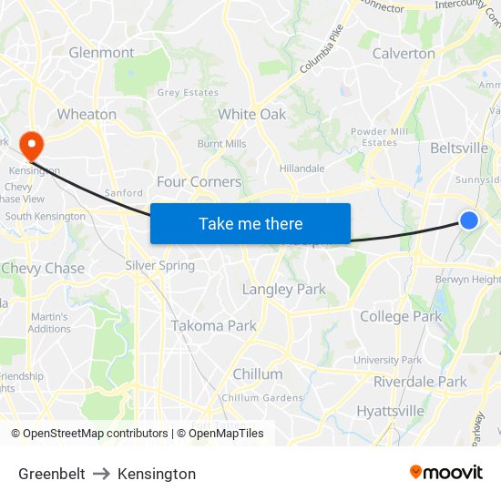 Greenbelt to Kensington map