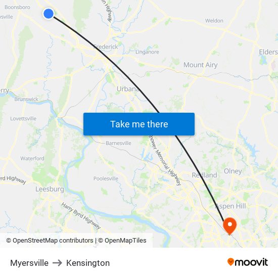 Myersville to Kensington map